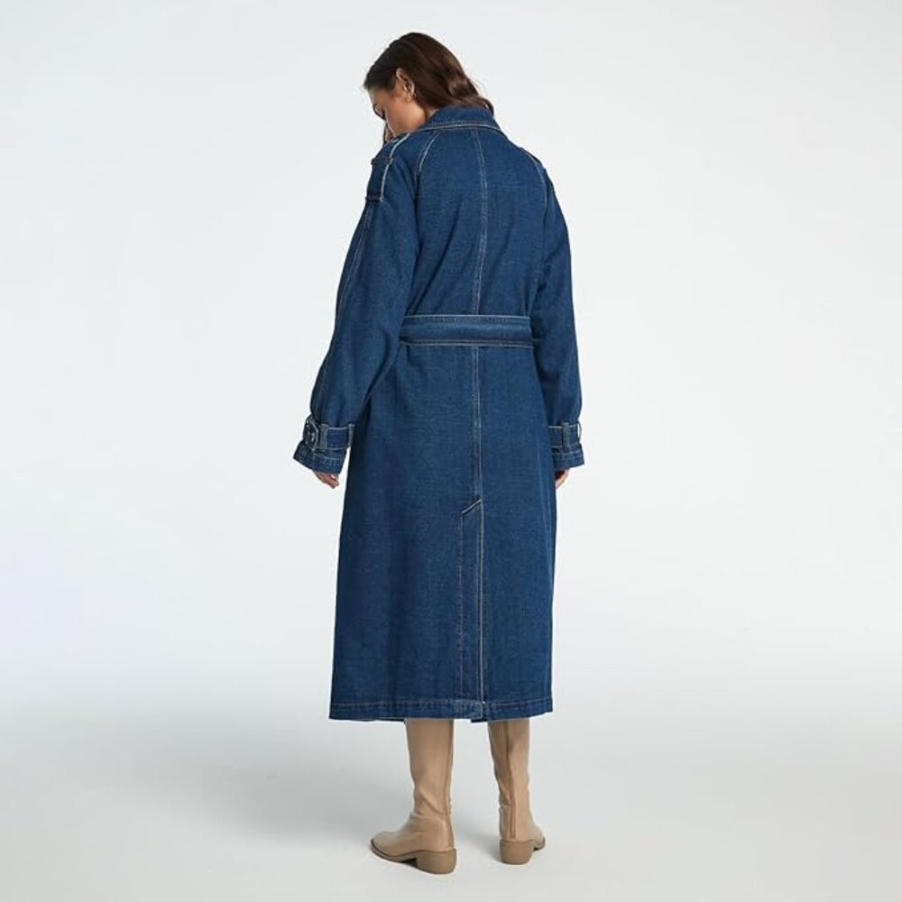 Women's Lapel Denim Trench Coat Long Sleeve Double Midi Classic Breasted Jackets - Picture 6 of 7